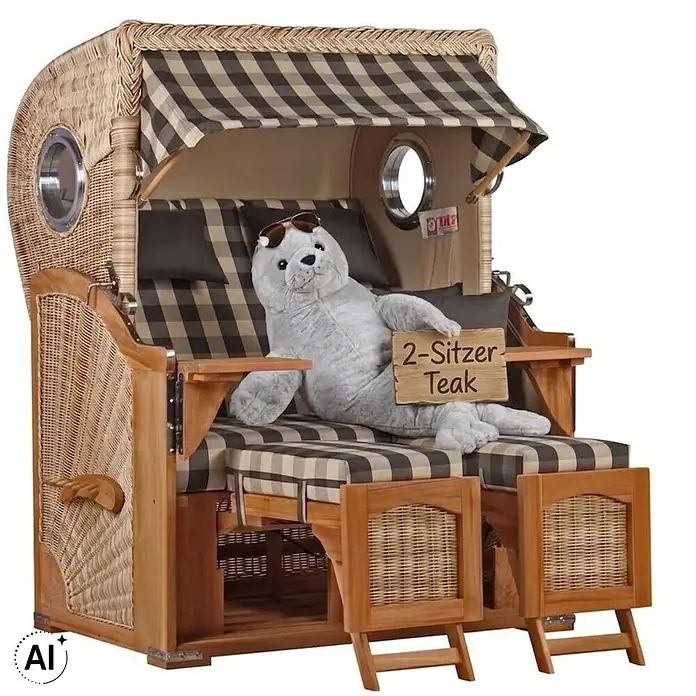 Strandkorb Düne Bullauge Teak PE Shell Dessin 505 -  - Zweisitziger Strandkorb aus Korbgeflecht und Teakholz mit karierten Polstern. Ein Plüsch-Seehund sitzt darin mit '2-Sitzer Teak'-Schild.
