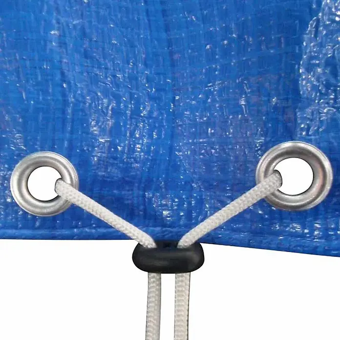 VidaXL Bodenschutzplane - Passend für: Rechteckige Aufstellpools, L x B: 540 x 270 cm, Material: Kunststoff - Blaue Planenecke mit zwei silbernen Ösen, einem weißen Seil, das durch sie geführt und mit einem schwarzen Kordelstopper befestigt ist.
