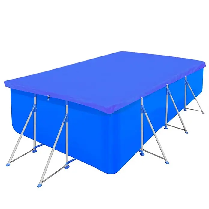 VidaXL Bodenschutzplane - Passend für: Rechteckige Aufstellpools, L x B: 540 x 270 cm, Material: Kunststoff - Rechteckiger blauer Aufstellpool mit blauer Abdeckung und Metallrahmen.