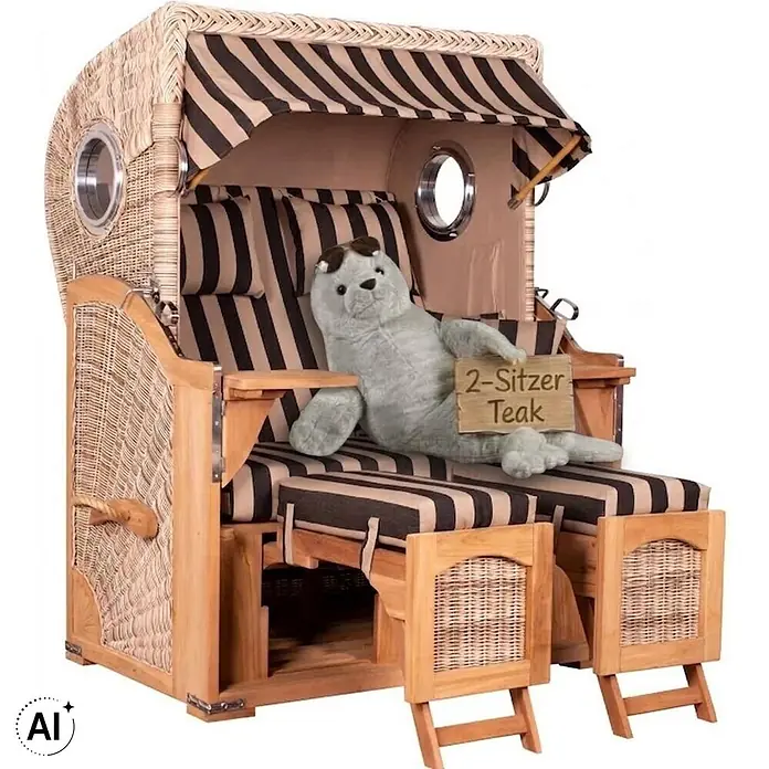 Strandkorb Düne Bullauge Teak PE Shell Dessin 581 -  - Zweisitzer Strandkorb aus Naturgeflecht und Teakholz, mit braun-beige gestreiften Polstern.