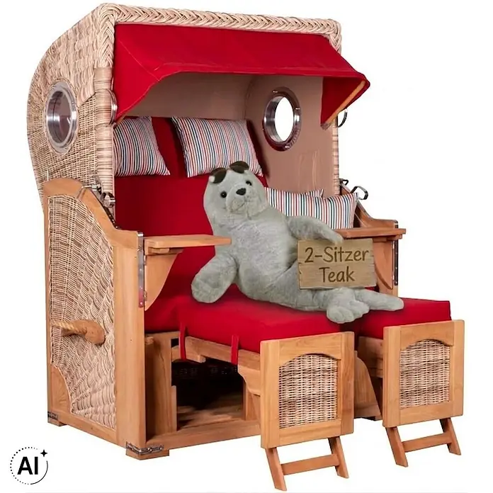 Strandkorb Düne Bullauge Teak PE Shell Dessin 585 -  - Zwei-Sitzer Strandkorb aus Korbgeflecht und Teakholz mit roten Polstern und Bullaugen.