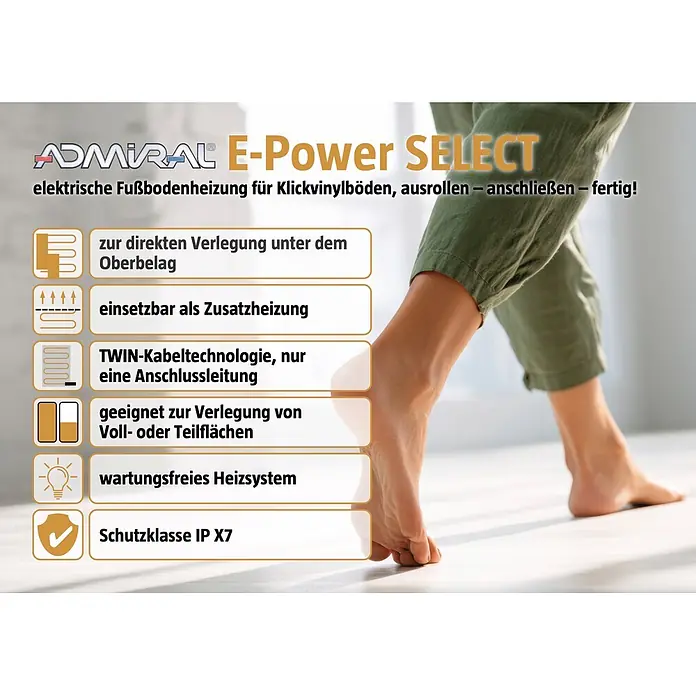 Admiral Fußbodenheizung Top-Power Select - L x B: 4 x 0,5 m, Beheizbare Fläche: 2 m², 160 W - Elektrische Fußbodenheizung für Klickvinylböden, die den Komfort beim Barfußgehen zeigt.