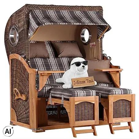 Mr. Deko  Strandstuhl Strandkorb Düne Bullauge Teak PE Grey Dessin 522