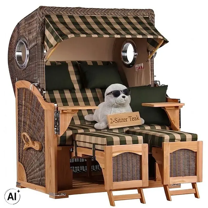 Strandkorb Düne Bullauge Teak PE Grey Dessin 506 -  - Ein 2-Sitzer Teak-Strandkorb mit dunkelgrün-beigefarbenen Karopostern, Weidengeflecht und zwei ausziehbaren Fußstützen.