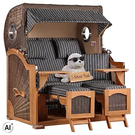 Mr. Deko  Strandstuhl Strandkorb Düne Bullauge Teak PE Grey Dessin 500