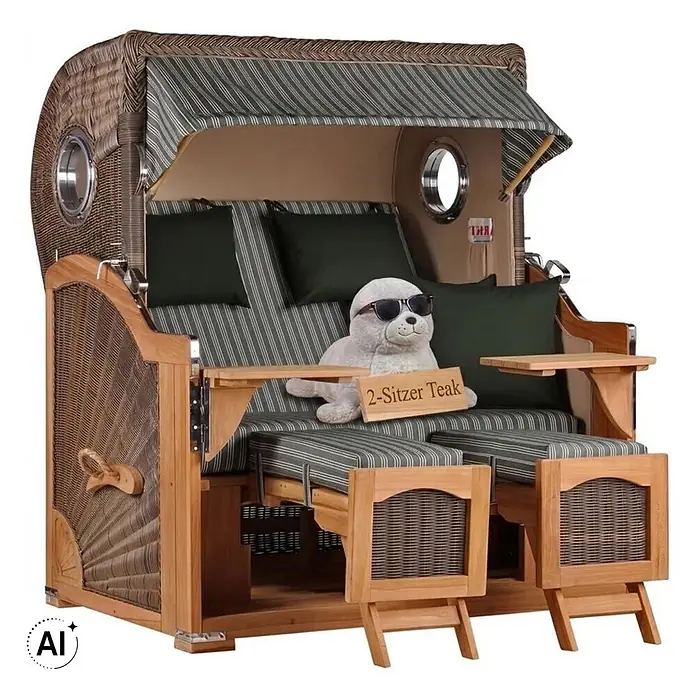 Strandkorb Düne Bullauge Teak PE Grey Dessin 504 -  - Zweisitziger Strandkorb aus Korbgeflecht und Teakholz mit gestreiften Polstern und dunkelgrünen Kissen.