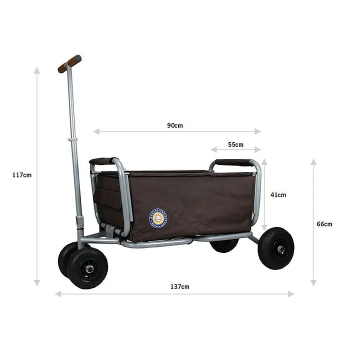 Beachtrekker faltbarer Bollerwagen Life mit integrierter Feststellbremse Braun und PU-Reifen -  - Brauner Klappbollerwagen mit grauem Rahmen und schwarzen Rädern, mit Maßen.