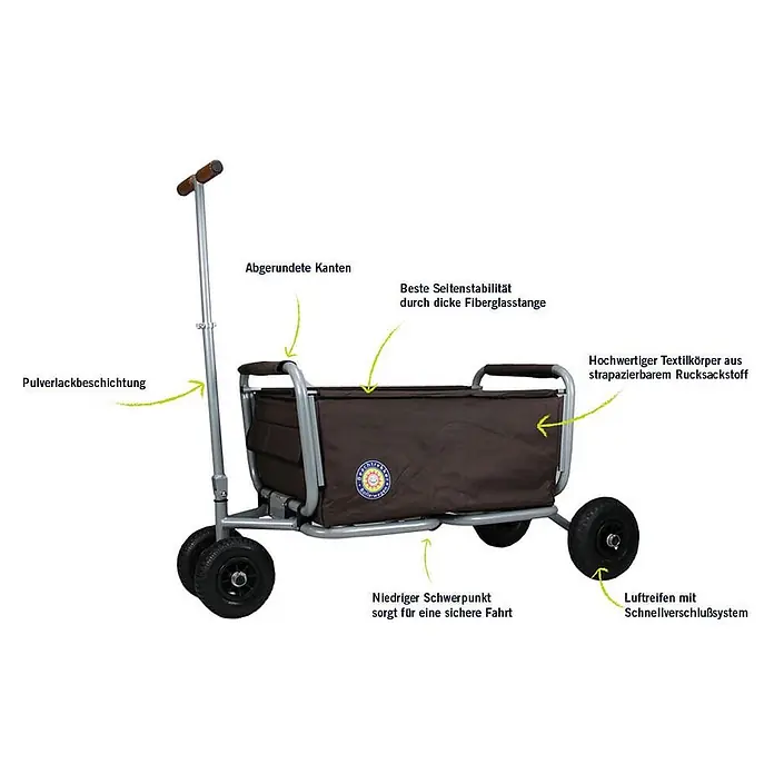 Beachtrekker faltbarer Bollerwagen Life mit integrierter Feststellbremse und Sonnenverdeck Blau und Luftreifen -  - Brauner faltbarer Transportwagen mit grauem Gestell und Luftreifen, gefertigt aus strapazierfähigem Rucksackmaterial.