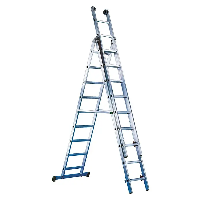 Facal Mehrzweckleiter DAMA 3-teilig 3x9 Sprossen -  - Silberne Aluminium-Mehrzweckleiter in A-Form mit Ausziehsegmenten und oberen Rollen.