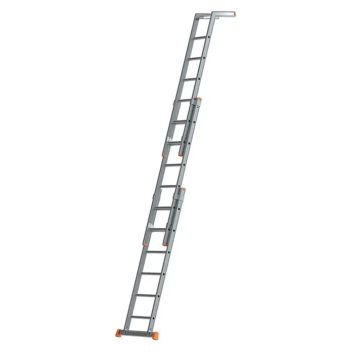 Siedra Plakatleiter 116 mit unlösbarer Bördelung 3x6 Sprossen -  - Ausziehbare Dachleiter aus Aluminium mit orangefarbenen Antirutschfüßen und -stützen, vollständig ausgefahren.