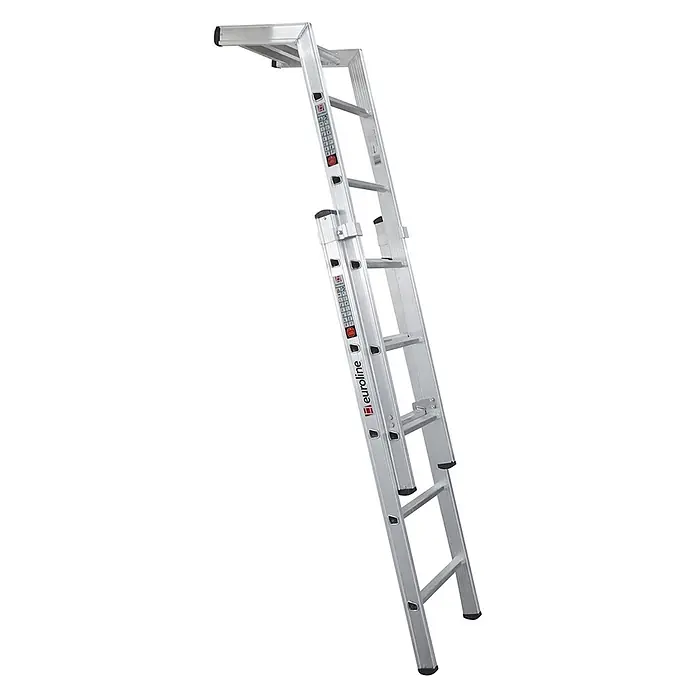 Euroline Mehrzweckleiter Premium 328 Plakatleiter 2x5 Sprossen - Anzahl Tritte: 5 Stk., Arbeitshöhe: 3.400 m, Aluminium - Zweiteilige ausziehbare Leiter aus silbernem Aluminium, nach oben angewinkelt.