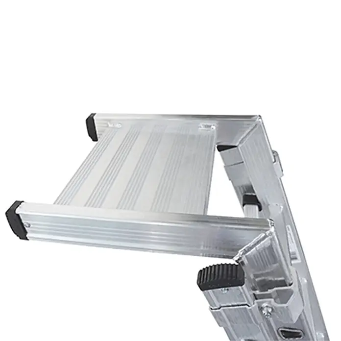 Euroline Mehrzweckleiter Premium 328 Plakatleiter 2x5 Sprossen - Anzahl Tritte: 5 Stk., Arbeitshöhe: 3.400 m, Aluminium - Silberne Aluminium-Leiterplattform mit schwarzen Gummikappen zum Arbeiten auf einer Leiter.