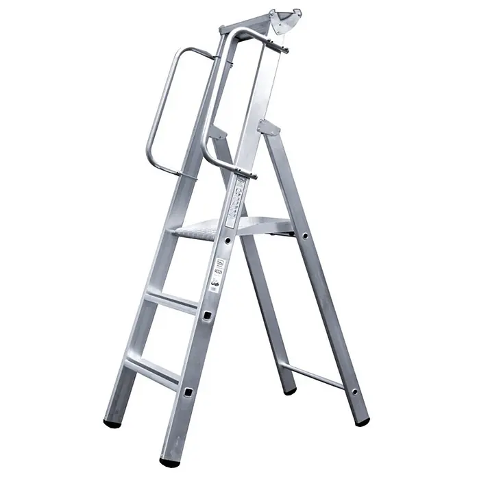 Iller Leiter Stehleiter Stufensteh mit großflächiger Sicherheitsplattform 12 Stufen - Anzahl Tritte: 12 Stk., Arbeitshöhe: 5.100 m, Aluminium - Silberne Aluminium-Stehleiter mit breiten Stufen, Handläufen und einer oberen Plattform für sicheres Arbeiten in der Höhe.