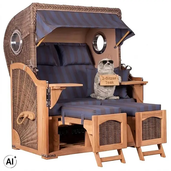 Strandkorb Düne Bullauge Teak PE Grey Dessin 582 -  - Zweisitziger Strandkorb aus Korbgeflecht und Teakholz mit blau gestreiften Polstern. Ein Plüsch-Seehund hält ein '2-Sitzer Teak' Schild.