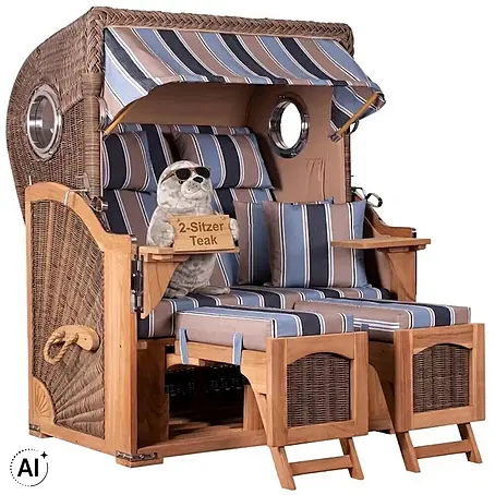 Mr. Deko  Strandstuhl Strandkorb Düne Bullauge Teak PE Grey Dessin 580