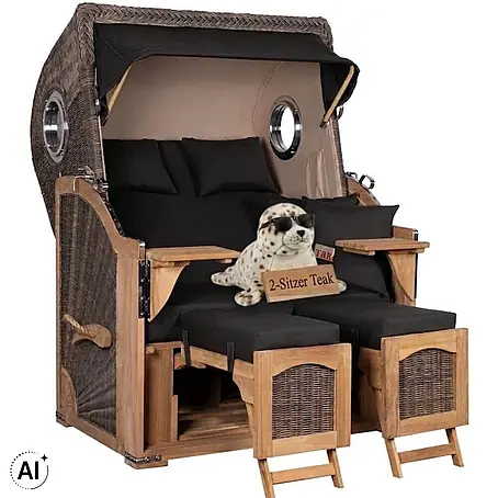 Mr. Deko  Strandstuhl Strandkorb Düne Bullauge Teak PE Grey Dessin 548