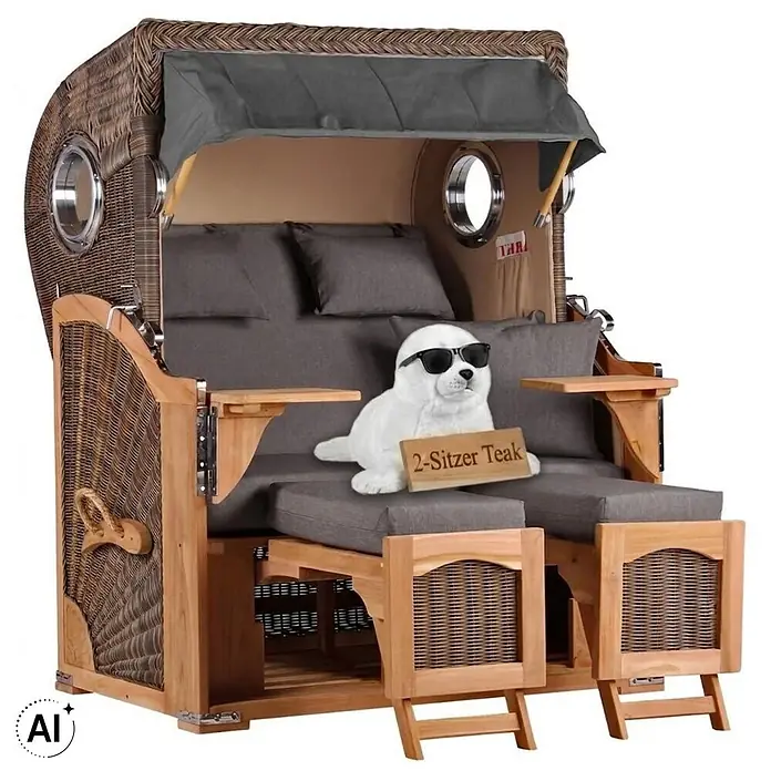 Strandkorb Düne Bullauge Teak PE Grey Dessin 551 -  - Brauner Teakholz-Strandkorb mit Geflecht, grauen Kissen und einem Plüschrobben mit '2-Sitzer Teak' Schild.