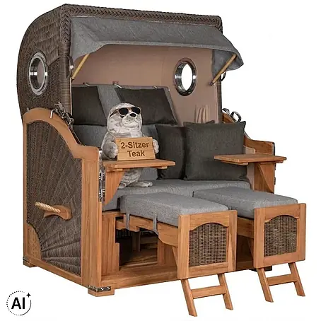Mr. Deko  Strandstuhl Strandkorb Düne Bullauge Teak PE Grey Dessin 570