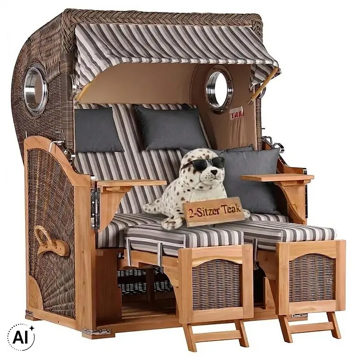 Strandkorb Düne Bullauge Teak PE Grey Dessin 545 -  - Zweisitziger Strandkorb aus Teakholz und dunklem Rattan mit grau-weiß gestreiften Kissen/Verdeck, darauf eine Robbe mit Sonnenbrille und '2-Sitzer Teak' Schild.
