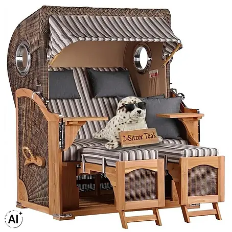 Mr. Deko  Strandstuhl Strandkorb Düne Bullauge Teak PE Grey Dessin 545