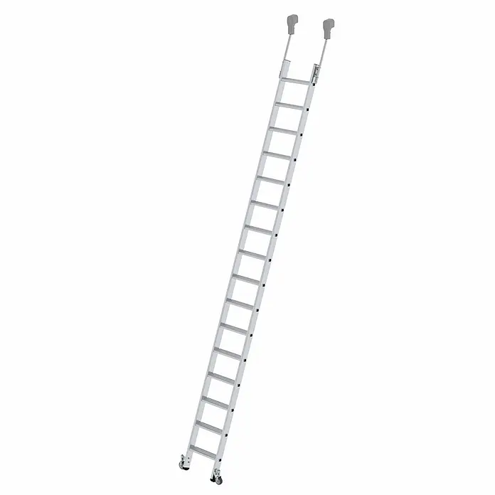 Euroline Premium 30183 Alu-Regalleiter, fahrbar mit 16 Stufen -  - Silberfarbene Aluminium-Ausziehleiter mit oberen Haken und unteren Rädern.