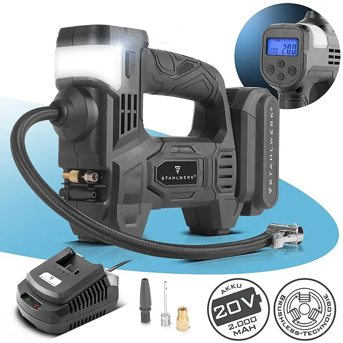 STAHLWERK Akku Druckluftkompressor ADK-20 ST|72 Watt Leistung |Elektrische Luftpumpe mit Digitalanzeige und Beleuchtung -  - Dunkelgrauer Akku-Kompressor mit Digitalanzeige, LED-Licht, Schlauch, Ladegerät und Düsen.