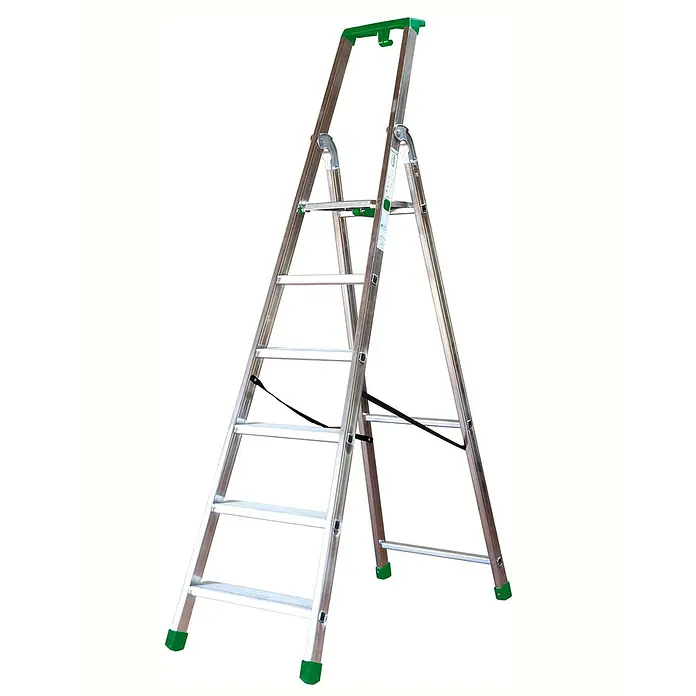 Facal Stufenstehleiter QUADRA S600 4 Stufen -  - Silberne Aluminium-Stehleiter mit grünem Griff und rutschfesten Füßen, mehreren Stufen und Stabilisierungsbändern.