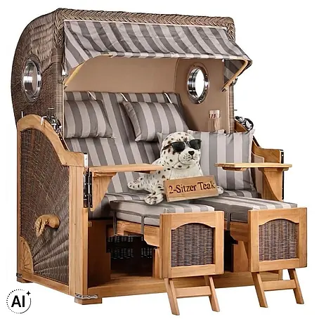 Mr. Deko  Strandstuhl Strandkorb Düne Bullauge Teak PE Grey Dessin 537