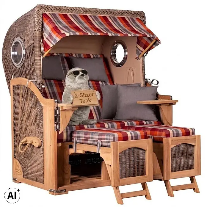 Strandkorb Düne Bullauge Teak PE Grey Dessin 584 -  - Zweisitzer-Strandkorb aus Teakholz mit Korbflechtwerk, gestreifter Markise, karierten Polstern und ausziehbaren Fußstützen, mit Bullaugenfenstern.