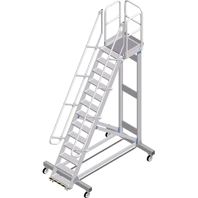 Zarges Plattformtreppe 60° mit Ergo-Stop, 600mm Stufenbreite 13 Stufen -  - Silberne mobile Industrie-Arbeitsplattform mit Stufen, Geländern und Rollen für erhöhte Arbeiten.