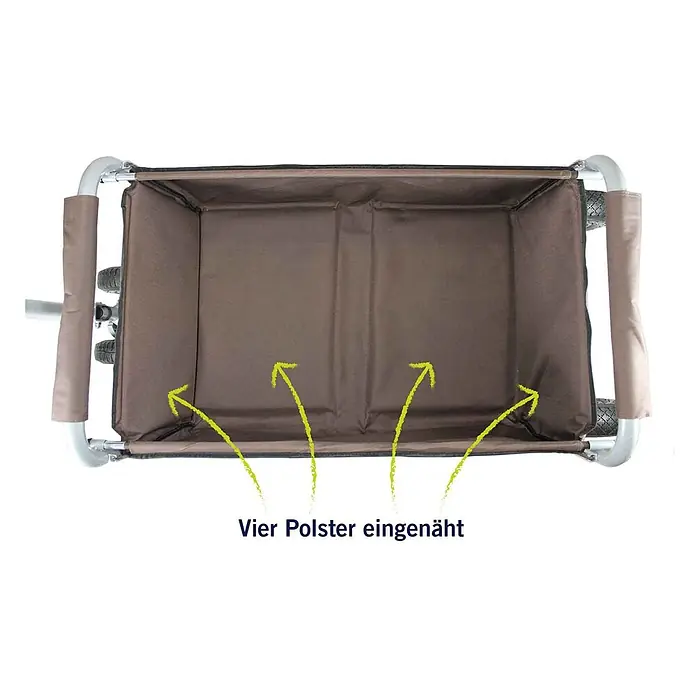 Beachtrekker faltbarer Bollerwagen Life mit integrierter Feststellbremse Braun und PU-Reifen -  - Draufsicht auf den Innenraum eines braunen Faltwagens mit vier eingenähten Polstern im Boden.