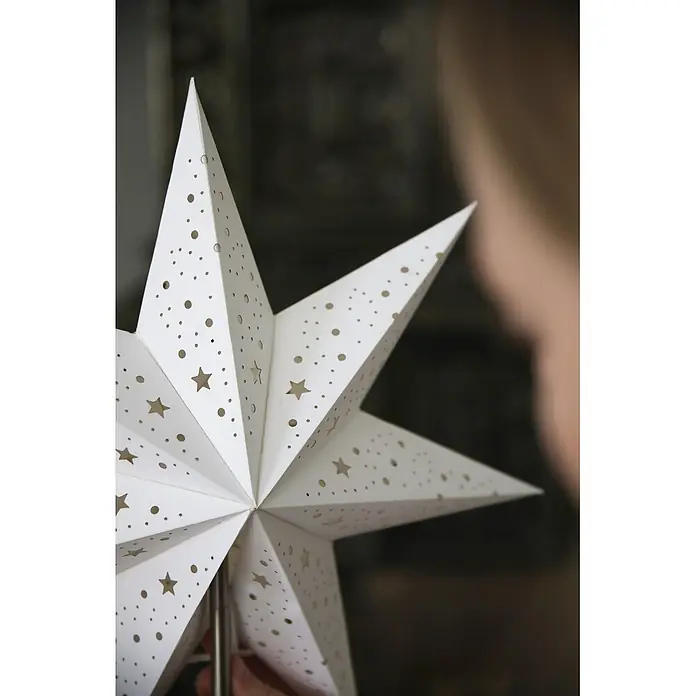 Markslöjd Standstern Noella - Ø x H: 35 x 62 cm, Weiß, LED, Akkubetrieben - Weiße Papierstern-Laterne mit Stern- und Punkt-Ausschnitten.