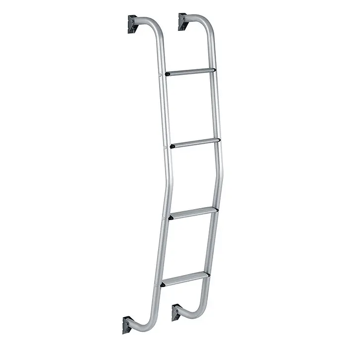 Thule Wohnmobilleiter für kompakte Fahrzeuge und den Innenbereich 4 Stufen -  - Silbergraue Aluminiumleiter mit fünf flachen Sprossen und gebogenen Seitenholmen, mit Montagehalterungen oben und unten.