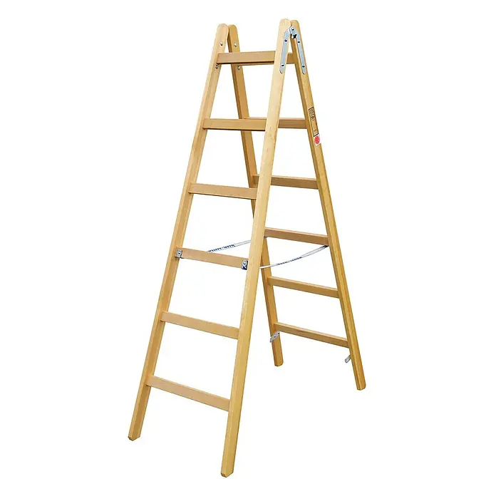 Iller Leiter Stehleiter Holz Steh Classic mit Eimerhaken 2x5 Sprossen - Anzahl Tritte: 5 Stk., Arbeitshöhe: 2.850 m, Holz - Helle Holz-Stehleiter mit Metallscharnieren und Sicherheitsgurten, einsatzbereit.