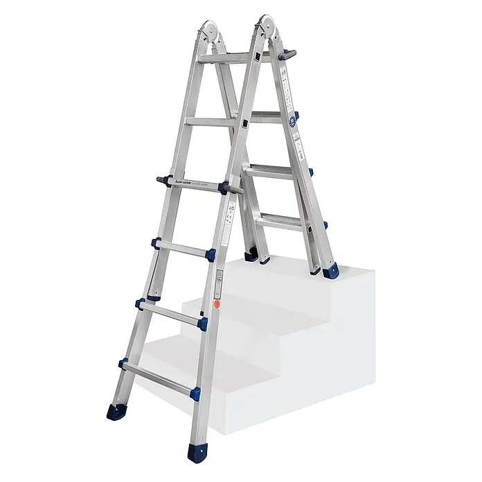 Iller Teleskopleiter Eurostars 4x5 Sprossen -  - Silberne Aluminium-Mehrzweckleiter mit blauen Akzenten, für den Einsatz auf Treppen konfiguriert.