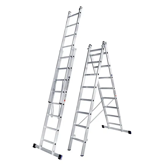 Iller Leiter Mehrzweckleiter Mehrzweck Eurostars 2x12 Sprossen - Anzahl Tritte: 12 Stk., Arbeitshöhe: 7.000 m, Aluminium - Zwei silberne Aluminium-Mehrzweckleitern, eine ausgefahren und eine in A-Rahmen-Konfiguration.