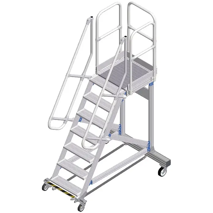 Zarges Plattformtreppe 60° mit Ergo-Stop, 600mm Stufenbreite 7 Stufen -  - Mobile Aluminium-Arbeitsplattform in Silber mit Handläufen und Rollen.