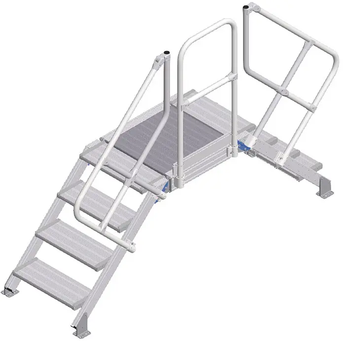 Zarges Überstieg 45° 600mm Stufenbreite 4 Stufen -  - Modulares Treppen- und Podestsystem aus grauem Aluminium mit Handläufen, für verstellbaren Zugang.