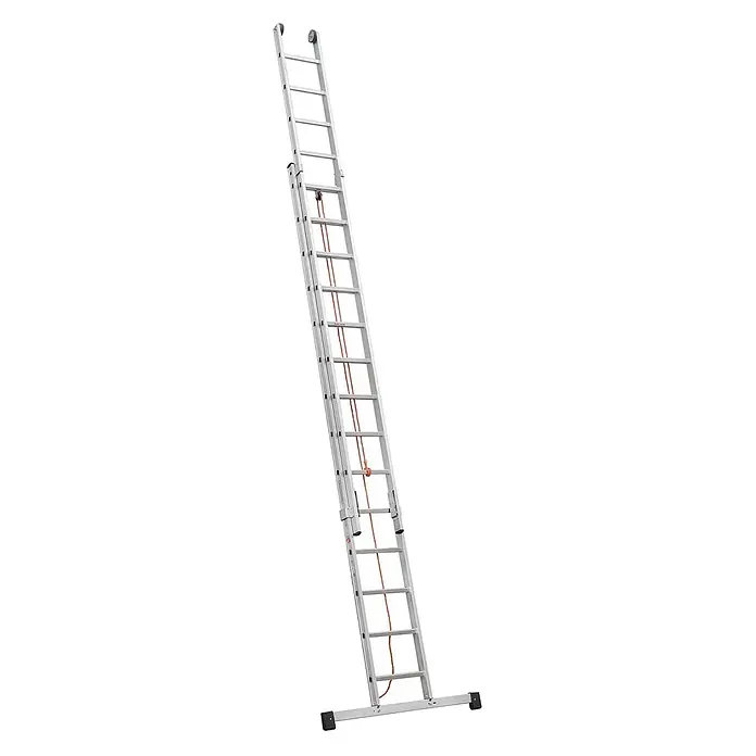 Iller Leiter Seilzugleiter Schiebe in Industriequalität mit Seilzug und Traverse 2x14 Sprossen - Anzahl Tritte: 14 Stk., Arbeitshöhe: 8.100 m, Aluminium - Silberne Aluminium-Anlegeleiter mit oranger Seilzugverlängerung und Stabilisatorbalken.
