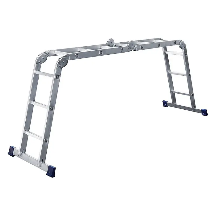 Iller Leiter Mehrzweckleiter Gelenk Eurostars 4x4 Sprossen - Anzahl Tritte: 4 Stk., Aluminium - Silberne Aluminium-Mehrzweckleiter, als Arbeitsbühne konfiguriert, mit blauen Anti-Rutsch-Füßen.