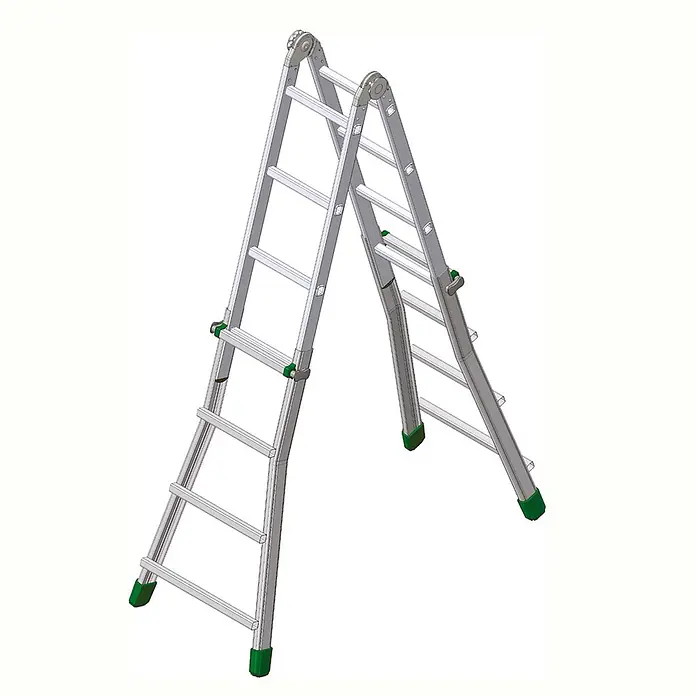Facal Teleskopleiter Brikoplus S600 4x3 Sprossen -  - Silberne Aluminium-Klappleiter mit grünen Akzenten, als Stehleiter aufgestellt.
