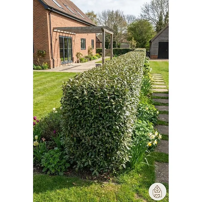 Ölweide 50-60 cm - 30 St. - für 7.5 Meter -  - Eine lange, sauber geschnittene grüne Hecke trennt einen Rasen von einem Weg, mit einem Haus im Hintergrund.