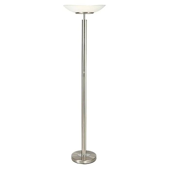 Tween Light LED-Deckenfluter Space - 180 cm, Warmweiß - Elegante Stehlampe mit einem schlanken, silberfarbenen Ständer und einem sanft leuchtenden, schalenförmigen Lampenschirm.
