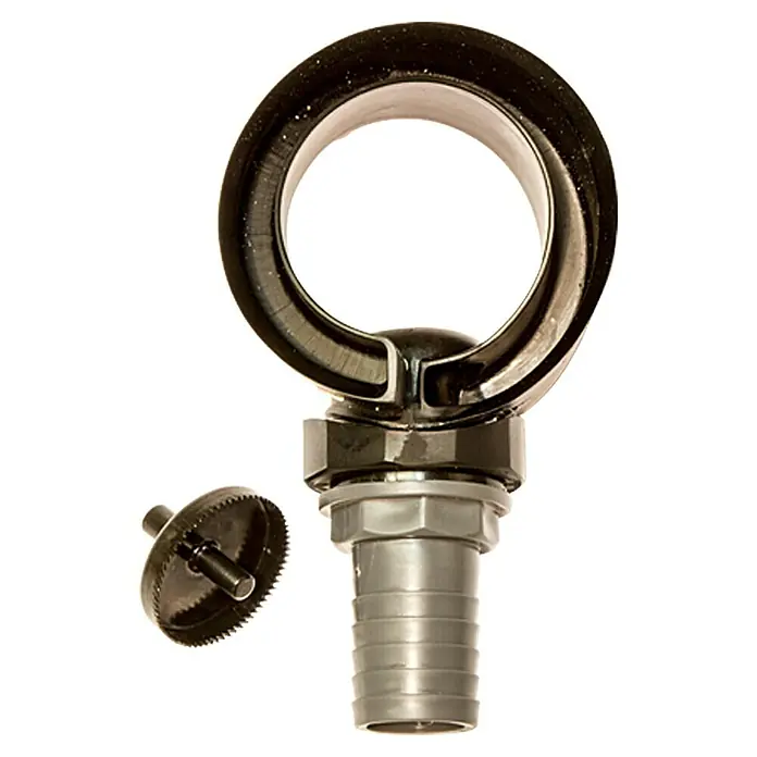 Regensammler EasyFix - Geeignet für: Fallrohre von Ø 80 bis 100 mm, Größe Anschluss: 1″ - Ein Detailbild eines schwarzen, schwenkbaren Wasserauslasses mit einem gezackten Lochschneider, isoliert auf Weiß.