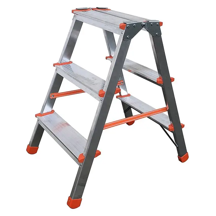 Siedra Stufenstehleiter 100 2x4 Stufen -  - Silberne Aluminium-Klapptritt mit 3 Stufen und orangefarbenen rutschfesten Akzenten.