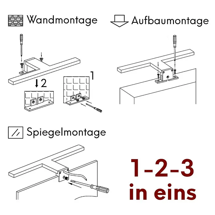 kalb LED Spiegelleuchte 45cm 3000K Chrom 4 Leuchtrichtungen -  - Diagramme zeigen drei Installationsmethoden für eine T-förmige Metallhalterung: Wandmontage, Aufbaumontage und Spiegelmontage, mit Schrauben.