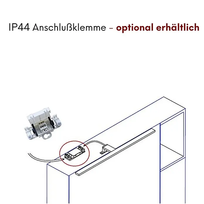 kalb LED Spiegelleuchte 45cm 3000K Chrom 4 Leuchtrichtungen -  - Weiße IP44 Anschlussklemme, optional erhältlich, zur Verbindung einer Lichtleiste mit einem Schrank in einer schematischen Darstellung.