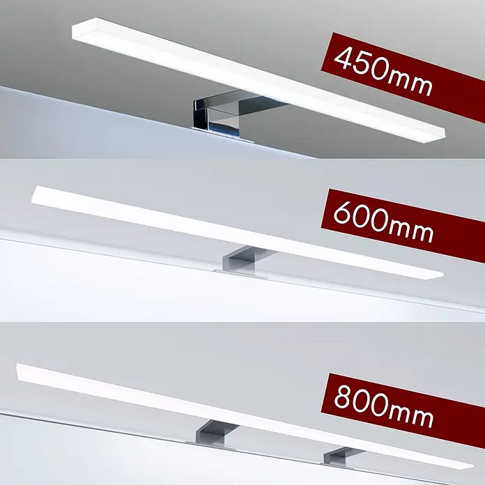 kalb LED Spiegelleuchte 45cm 4000K Chrom 4 Leuchtrichtungen -  - Drei weiße lineare LED-Spiegelleuchten in verschiedenen Längen (450mm, 600mm, 800mm) mit Chromhalterungen, beleuchtet.