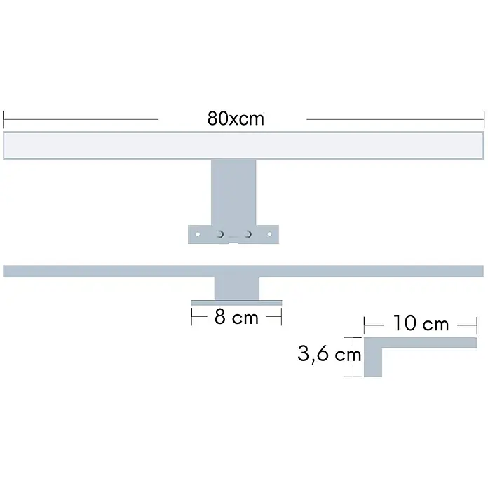 kalb LED Spiegelleuchte 80cm 4000K Schwarz 3in1 Montage -  - Hellgraues Schemadiagramm einer 80cm rechteckigen Leuchte mit Montage- und L-förmigen Querschnittsmaßen (8cm, 3,6cm, 10cm).
