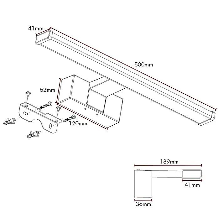 kalb LED Spiegelleuchte 50cm 4000K Chrom mit Schalter -  - Explosionszeichnung einer linearen LED-Leuchte mit Montagehalterungen und Schrauben, Maße 500mm Länge und 41mm Breite.